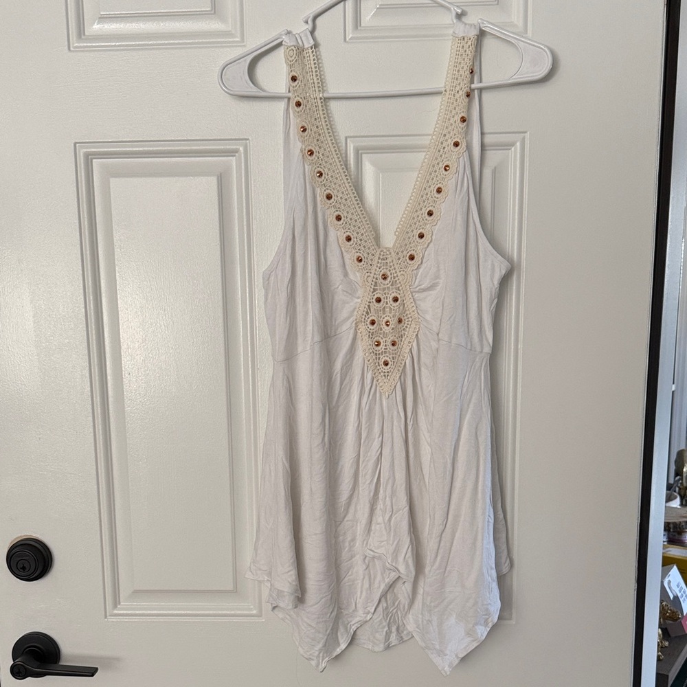 Venus White Sleeveless Top with Crochet Detail and Handkerchief Hem